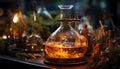 Liquid bottle, alcohol glass, material whiskey, table drink, science laboratory generated by AI