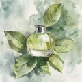 Liquid bottle surrounded by green leaves on watercolor backdrop