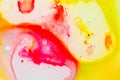 Liquid bright aquarel colours with oil generate fluid structures and bubbles in red, orange, yellow, blue, white and pink