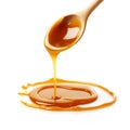 Liquid caramel topping on white backgrounds