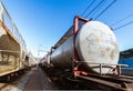 Liquid carrier wagon in a train station.