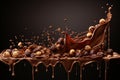 Liquid chocolate in different variations pours with splashes, nuts and chocolate pieces. Generative AI Royalty Free Stock Photo