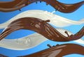 Liquid chocolate and milk waves strips with little splashes. On blue background Royalty Free Stock Photo