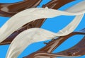 Liquid chocolate and milk waves strips with little splashes. On blue background Royalty Free Stock Photo