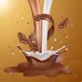 Liquid chocolate splash, cocoa sauce with milk. Drink drops, flow food texture, sweet creamy snacks. Melt cream in Royalty Free Stock Photo