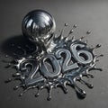 liquid 2026 chrome numbers splashing from a metallic sphere on a grey surface with ample designspace for corporate annual vision p Royalty Free Stock Photo