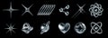 Liquid chrome y2k icons. Abstract shiny metallic shapes star rays, atomic orbit and molecular structures 3D elements vector set