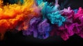 Liquid colorful dynamic explosion of ink paints texture smoke splashes black background abstract rainbow art pattern Holi holiday