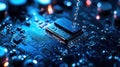 Liquid cooling dropping onto microchip on circuit board Royalty Free Stock Photo