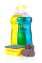 Liquid detergent bottles with scouring pads Royalty Free Stock Photo