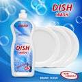 Liquid detergent for washing dishes. Advertizing poster with illustrations of various dishware