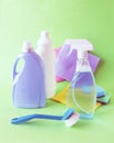 Liquid detergents in plastic bottles, home cleaning products on the table Royalty Free Stock Photo