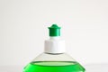 Liquid dishwasher soap bottle close up shot of green dispenser nozzle