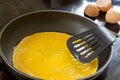 Liquid egg in the pan for pancakes or scrambled eggs Royalty Free Stock Photo