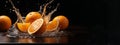 Liquid Explosion, Healthy Oranges. Fresh fruits on the table with dark background.