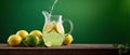 Liquid explosion, pitcher of lemonade and fresh lemons with green background Royalty Free Stock Photo