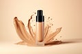 Liquid foundation in bottle and splashes of makeup product on light beige background Royalty Free Stock Photo