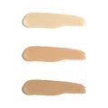 Liquid foundation tone smudge. Set concealer smear cosmetic cream isolated on white background, brown stroke texture. Makeup Vecto