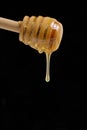 Liquid and fresh honey dripping from wooden honey spoon black background. Royalty Free Stock Photo