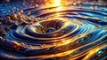 Liquid gold abstract swirling vortex of reflective surface with bubbles at sunset. Generative AI Royalty Free Stock Photo
