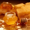 Liquid honey in jar, honeycomb and wooden dipper. Generative Ai