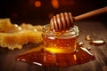 Liquid honey in jar, honeycomb and wooden dipper. Generative Ai