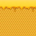 Liquid honey pattern. Bee honeycombs and honey drops syrup natural yellow product seamless vector background