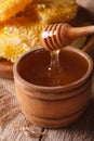 Liquid honey in a wooden bowl with a stick close-up. vertical Royalty Free Stock Photo