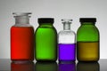 Liquid in laboratory bottles. Scientific biochemical laboratory. Colorful liquid