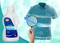 Liquid laundry detergent advertisement design. Woman looking through magnifying glass at t-shirt, closeup