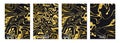 Liquid marble texture in gold. Vertical banners set with abstract background. Golden dynamic fluid art splash. Vector