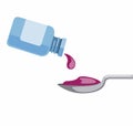 Liquid medicine bottle poured into a spoon. Pour liquid medicine into a measuring spoon. Health care graphic resources flat vector