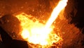 Liquid metal from blast furnace. Liquid iron from ladle in the steelworks Royalty Free Stock Photo