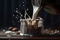 Liquid milk pouring splash into a container on dark background.