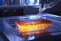 Liquid polymer being injected into transparent rectangular mold in laboratory setting