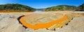 Orange river of poison from a gold mine - pollution - liquid residues discharged into a lake in Romania, Geamana panorama