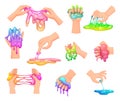 Liquid slime. Handy glue games squeeze colored toys in hands exact vector slimes illustrations