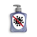 Liquid soap, antiviral washing gel, pump bottle dispenser, stop kill remove coronavirus symbol on the label Royalty Free Stock Photo