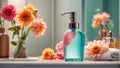 Liquid soap a bottle, flowers, bathroom Royalty Free Stock Photo