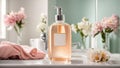 Liquid soap a bottle, flowers, bathroom care Royalty Free Stock Photo