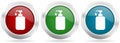 Liquid soap vector icon set. Red, blue and green silver metallic web buttons with chrome border Royalty Free Stock Photo