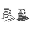 Liquid soap and washed hands line and solid icon. Hand washing hygiene protection outline style pictogram on white Royalty Free Stock Photo