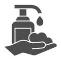 Liquid soap and washed hands solid icon. Hand washing hygiene protection glyph style pictogram on white background. Wash Royalty Free Stock Photo