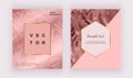 Liquid sparkle glossy marble texture. Geometric covers design with rose gold, pink triangles. Trendy fluid template for celebratio