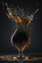 Liquid splash out of wineglass isolated on dark background