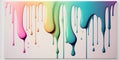 Liquid sticky paint running down, realistic gradient rainbow paint, random pattern on white background, AI generative panoramic