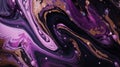 Liquid Swirls in Beautiful Purple and Black colors, with Gold Powder. Abstract Acrylic Pour Background Royalty Free Stock Photo