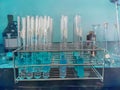 Liquid in test tubes in a test tube rack against a blue background Royalty Free Stock Photo