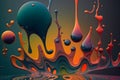 Liquid waves, drops and bubbles illustration in vintage colors. Abstract fluid art background. Generated AI