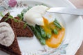 Liquid yolk of poached eggs with green beans Royalty Free Stock Photo